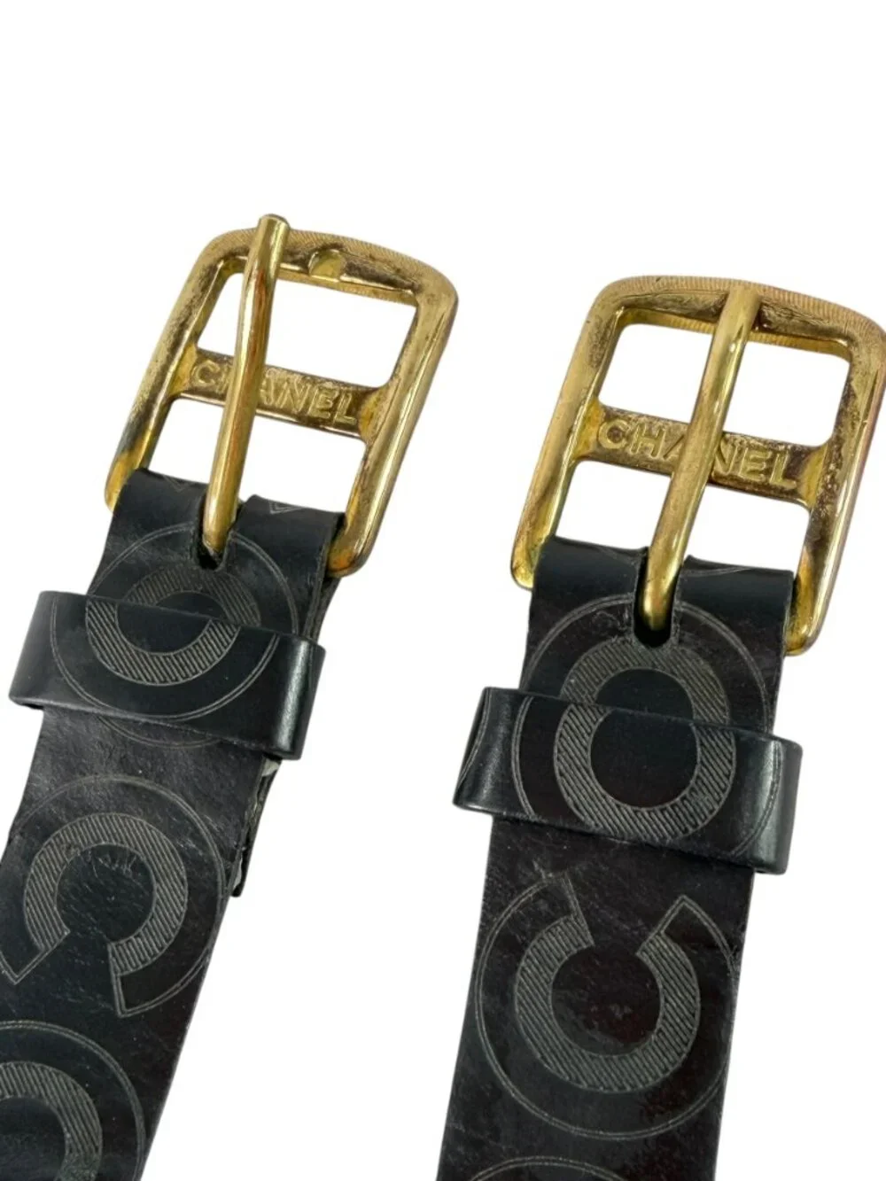CHANEL Vintage 2001 Black Leather Cuff Bracelet COCO Print Double Buckles